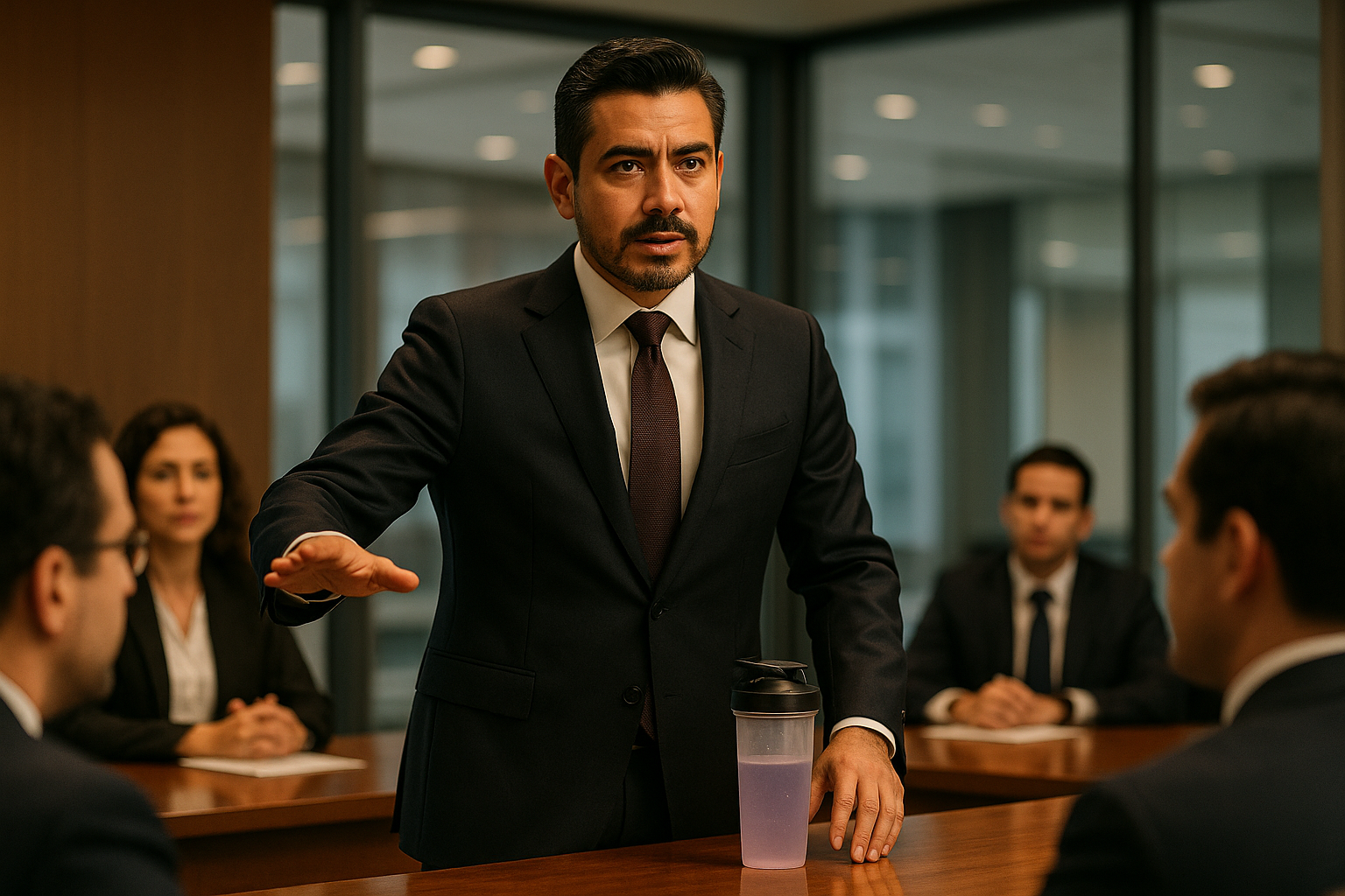 focused CEO in a business suit in a meeting standing up and directing everyone in the conference room what to do. he has calm confidence. he is mexican. on the table in front of his chair he has a light purple liquid in a shaker bottle 