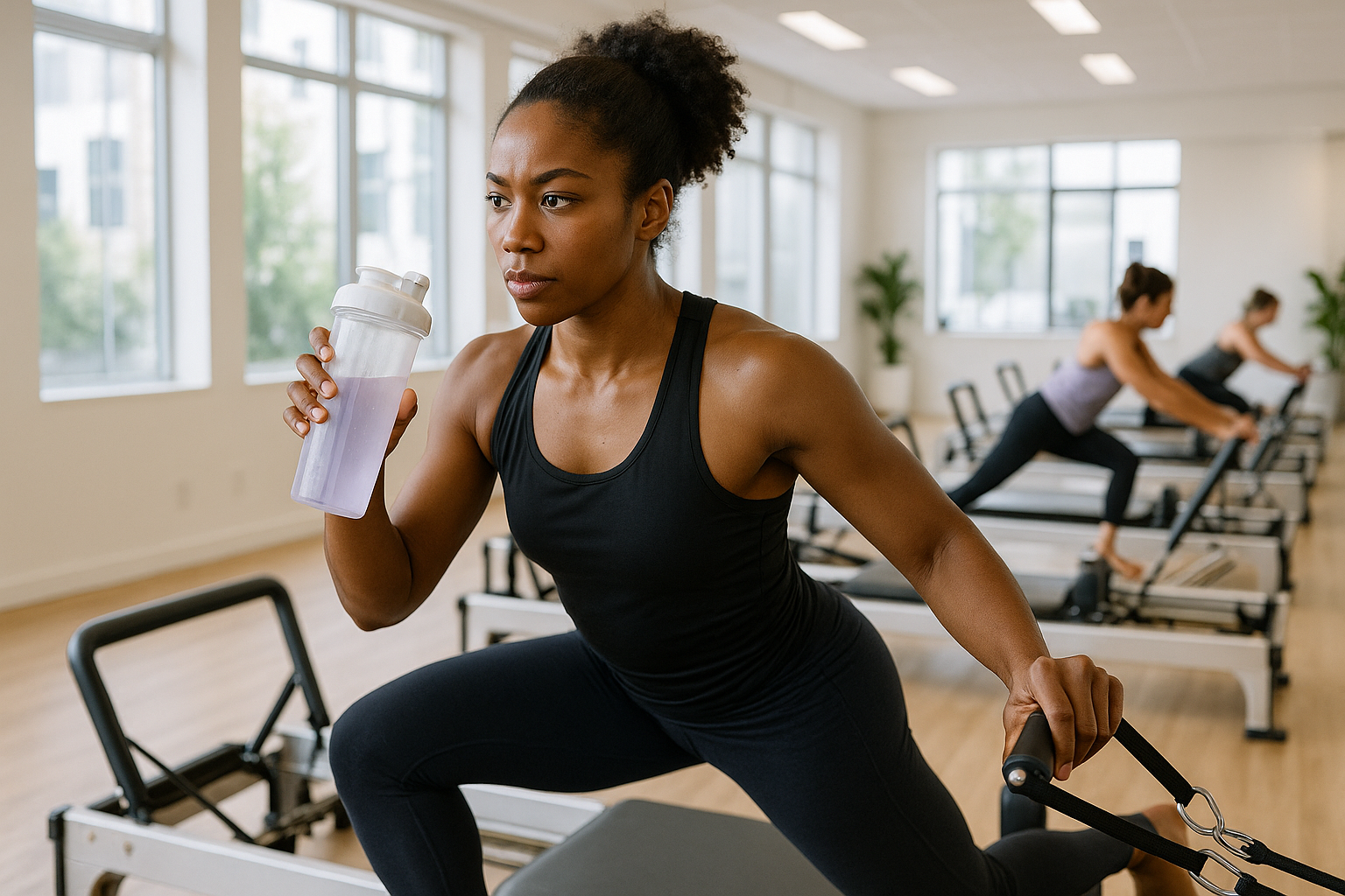make her doing pilates on a pilates reformer in a class
