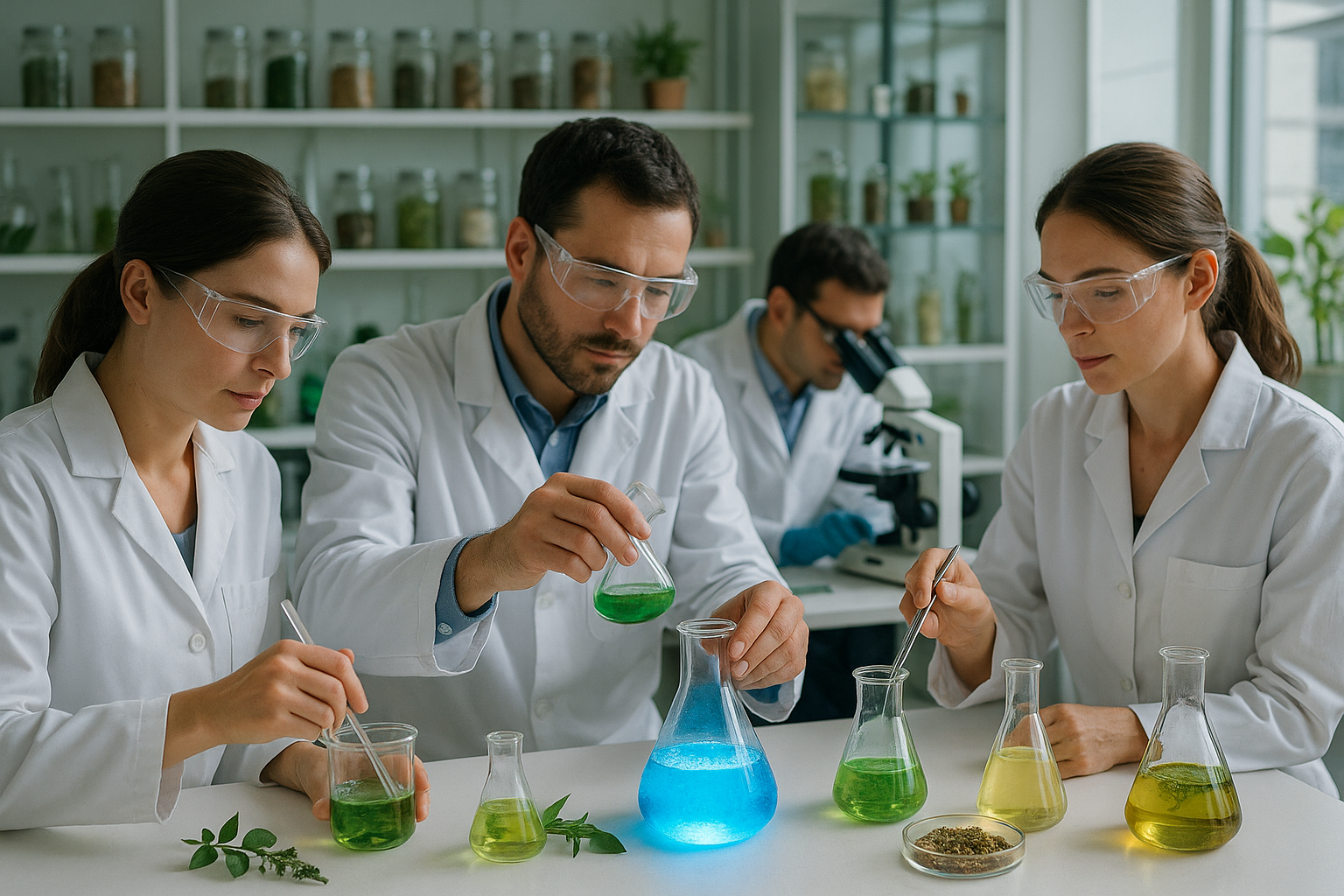 scientists in a lab mixing all natural ingredients together and creating a blue liquid